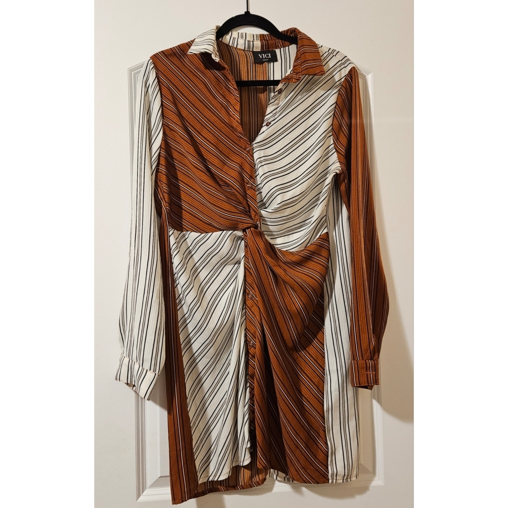 Vici Brown and White Striped Shirt Dress Size Medium